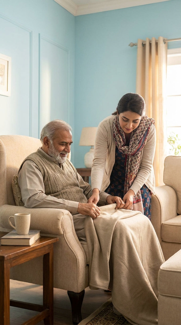 Elderly person receiving assistance in a comfortable home or healthcare setting