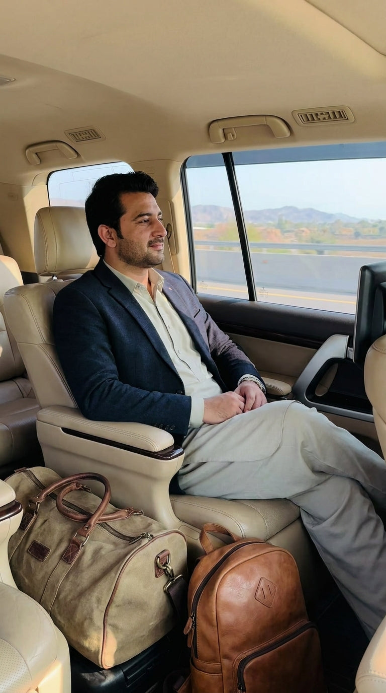 Passenger on a long road journey with luggage visible