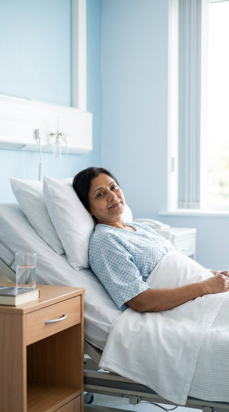 Adult patient resting comfortably beside a hospital bed